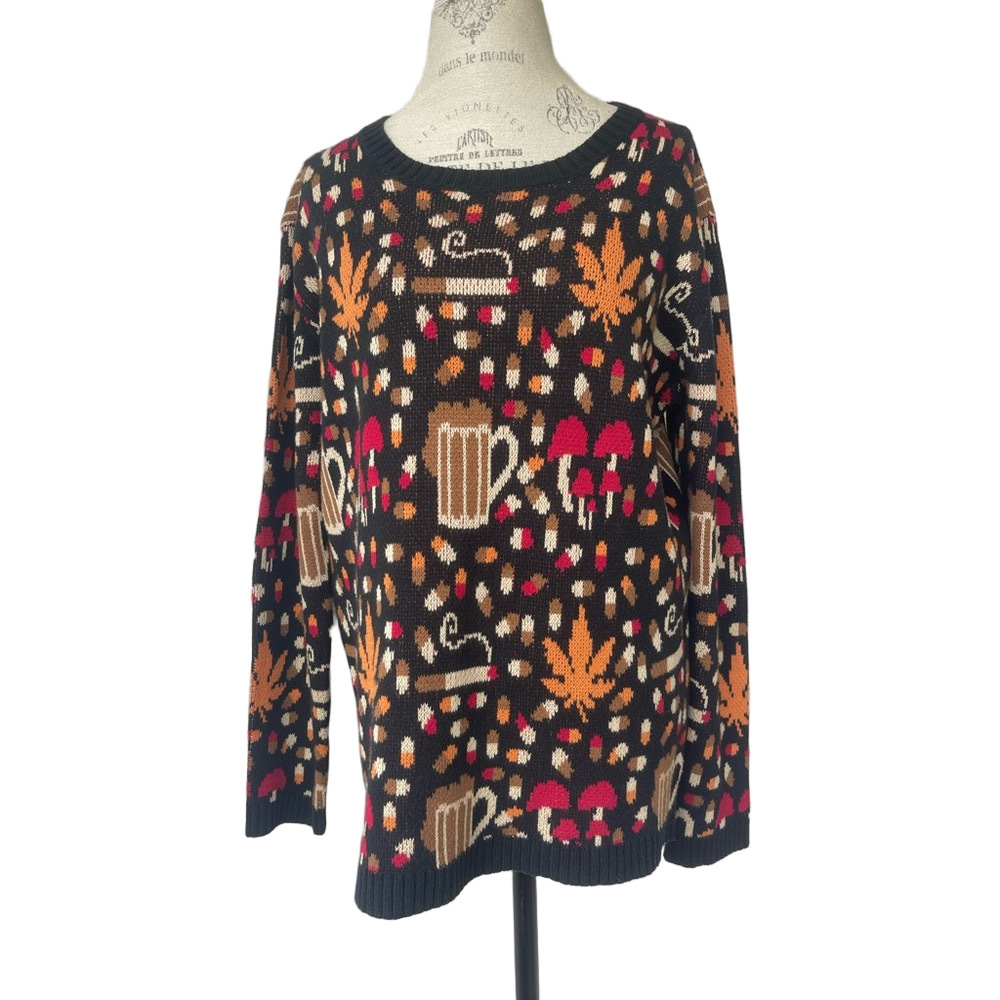 Vintage-Inspired Fall Festival Sweater – Mugs, Leaves, Cigs and Shrooms – Size S